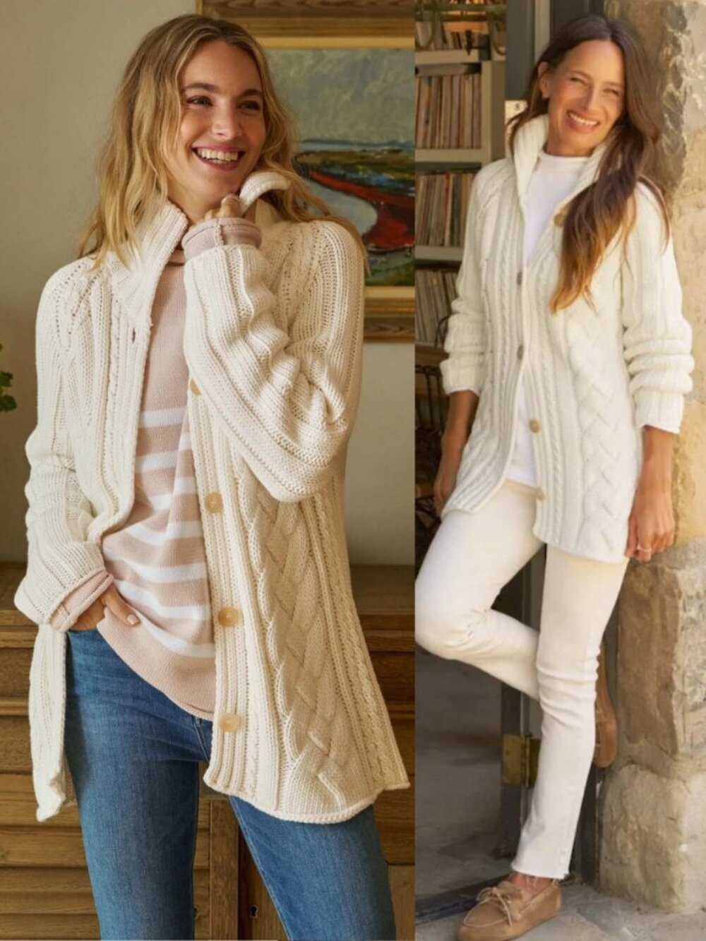 Frank & Eileen Cotswolds Cardigan Ivory Cable Knit Pure Italian Cotton Size S